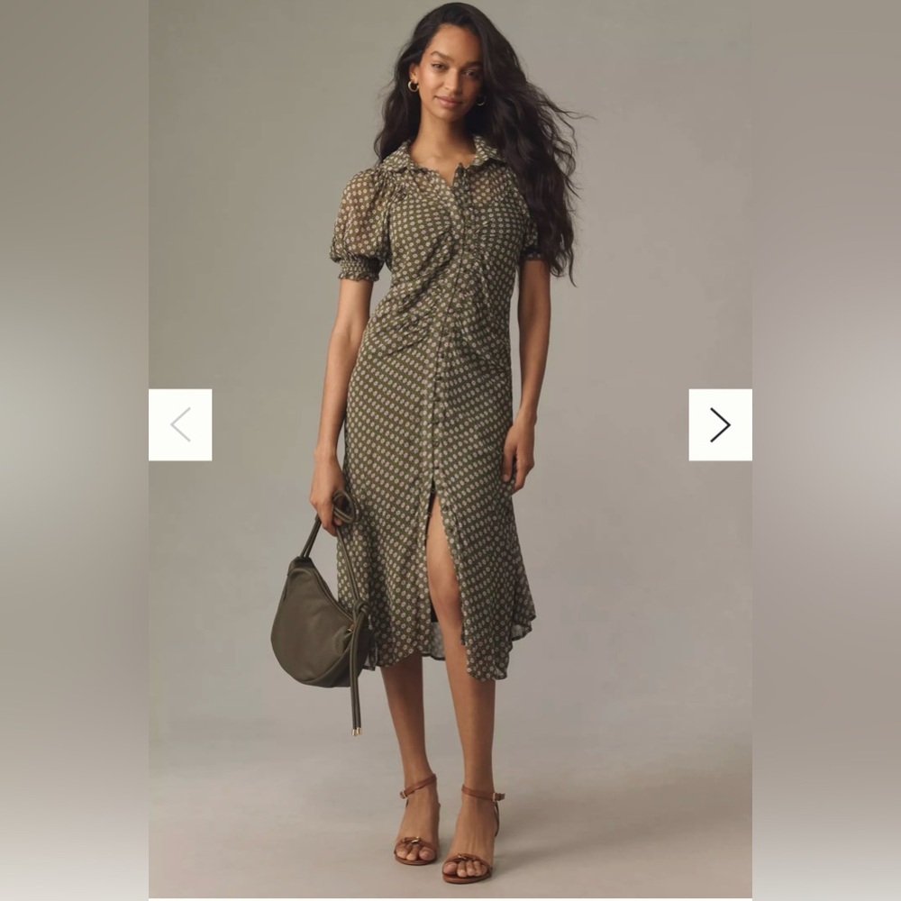 By Anthropologie Puff-Sleeve Ruched Mesh Midi Shirt Dress